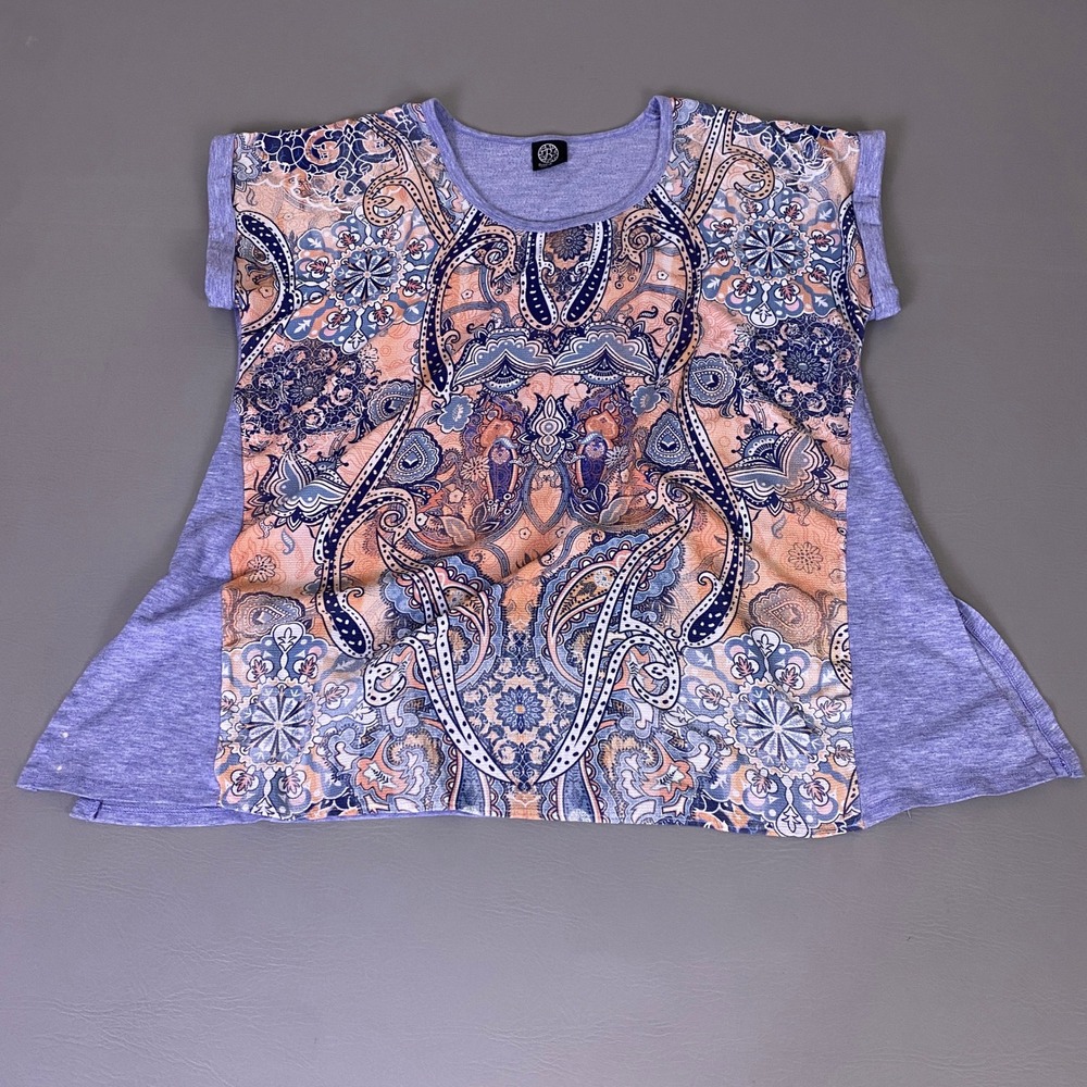 Bobeau Tunic Top Women's 1X Purple Paisley‎ Floral Mixed Media Boho Short Sleeve